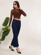 Clobug Women Full Sleeve High Neck Mesh Crop Top