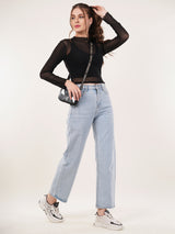 Clobug Women Full Sleeve High Neck Mesh Crop Top