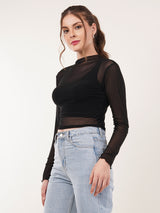 Clobug Women Full Sleeve High Neck Mesh Crop Top