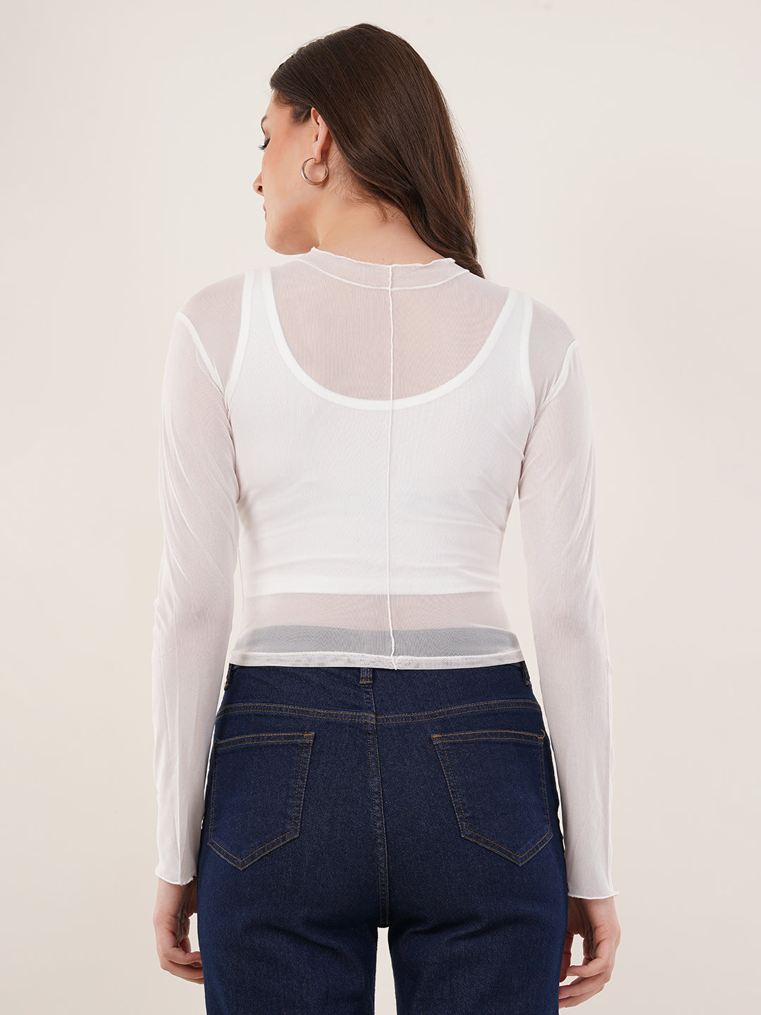 Clobug Women Full Sleeve High Neck Mesh Crop Top