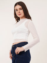 Clobug Women Full Sleeve High Neck Mesh Crop Top