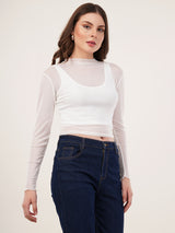 Clobug Women Full Sleeve High Neck Mesh Crop Top