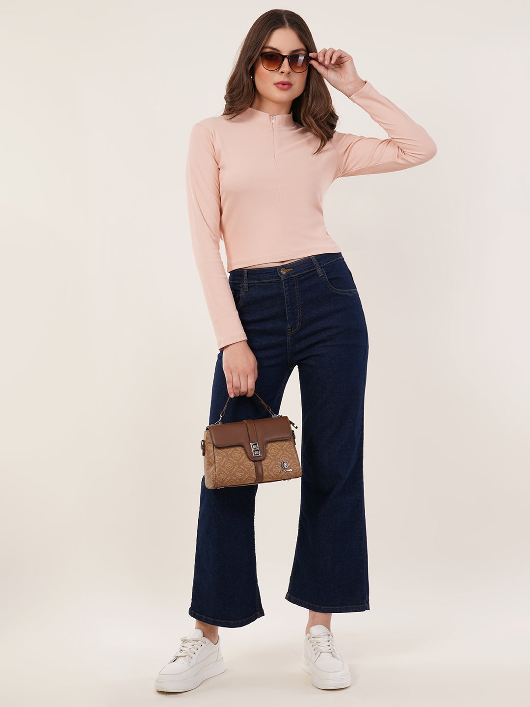 Clobug Women Solid High Neck Regular Cotton Blend Top