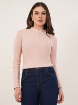 Clobug Women Solid High Neck Regular Cotton Blend Top