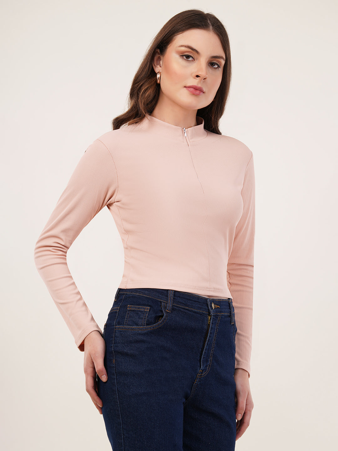 Clobug Women Solid High Neck Regular Cotton Blend Top