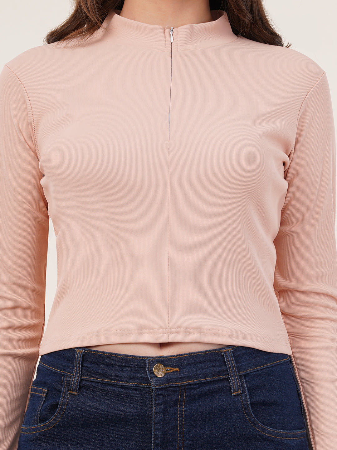 Clobug Women Solid High Neck Regular Cotton Blend Top