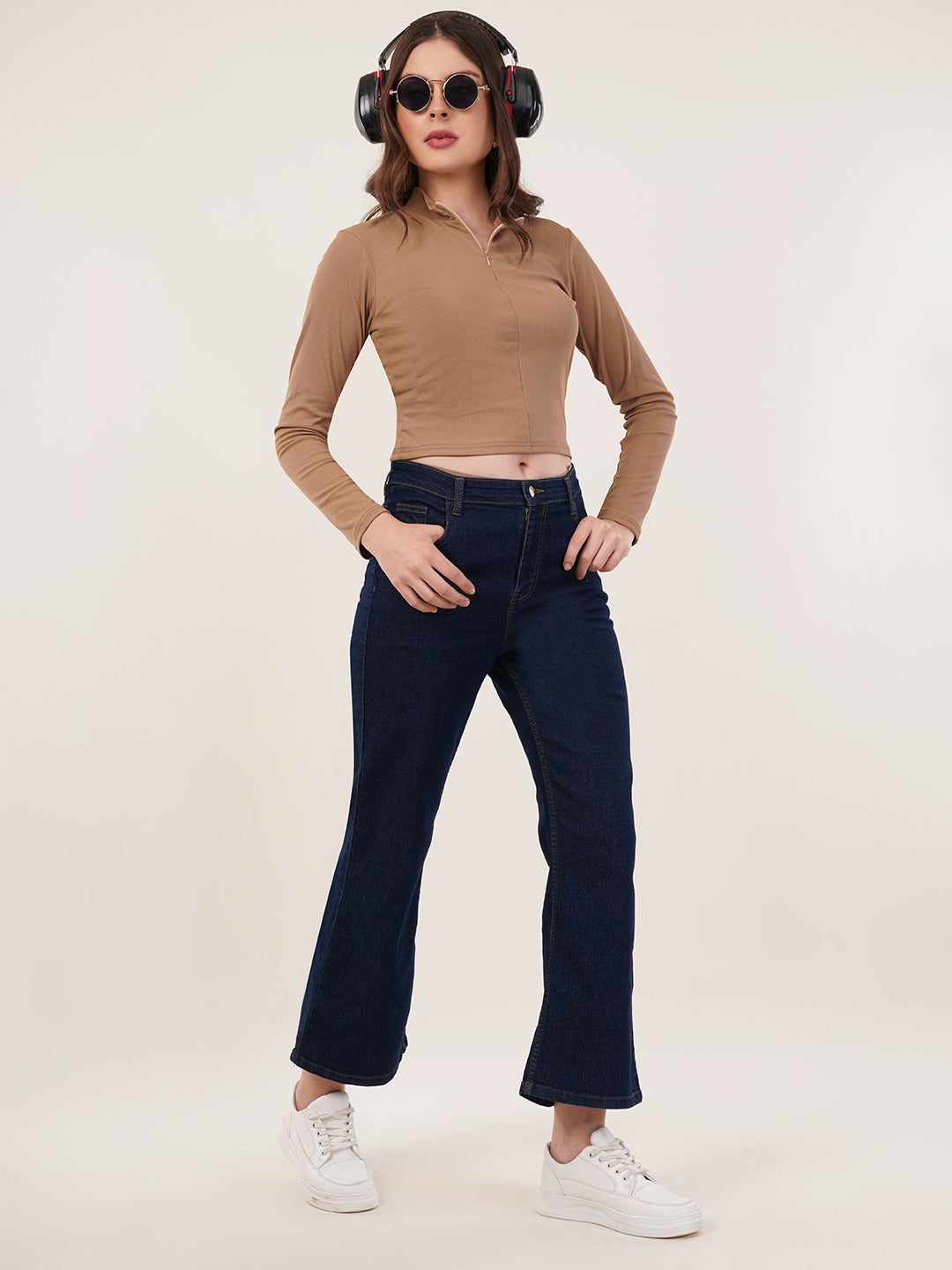 Clobug Women Solid High Neck Regular Cotton Blend Top