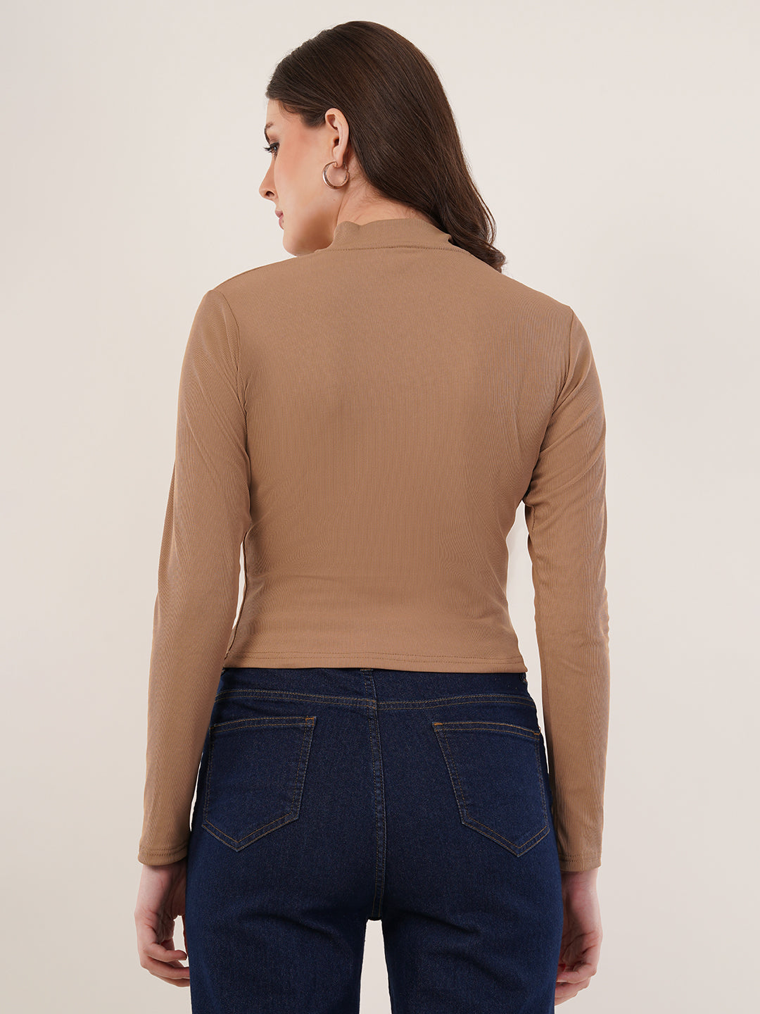 Clobug Women Solid High Neck Regular Cotton Blend Top