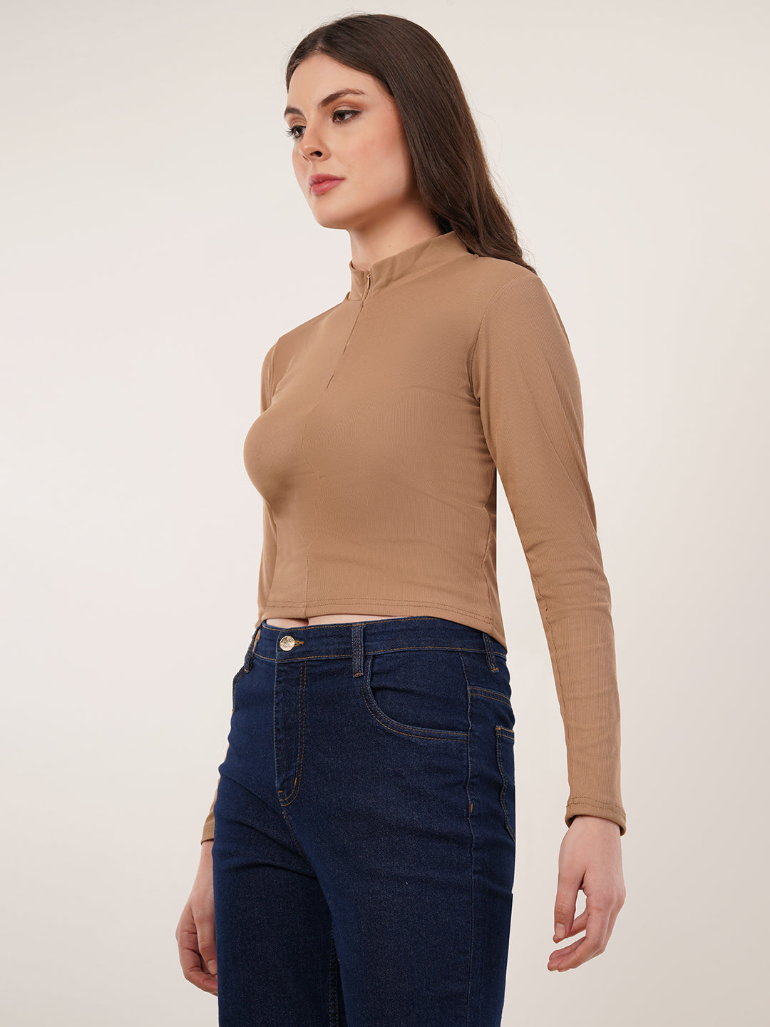 Clobug Women Solid High Neck Regular Cotton Blend Top