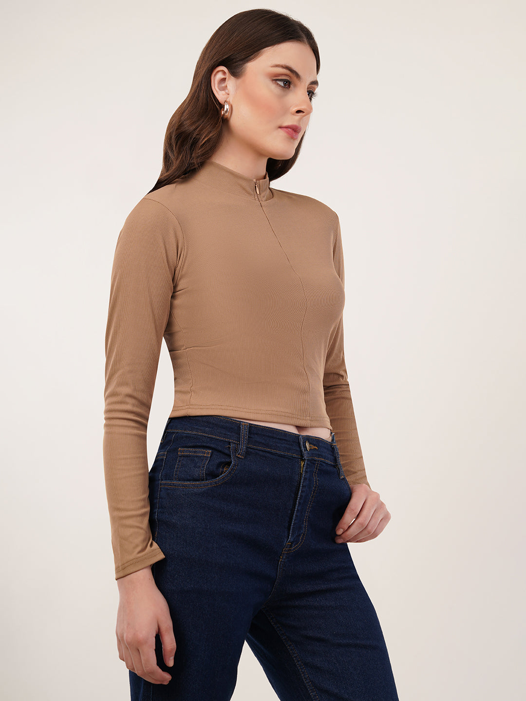 Clobug Women Solid High Neck Regular Cotton Blend Top