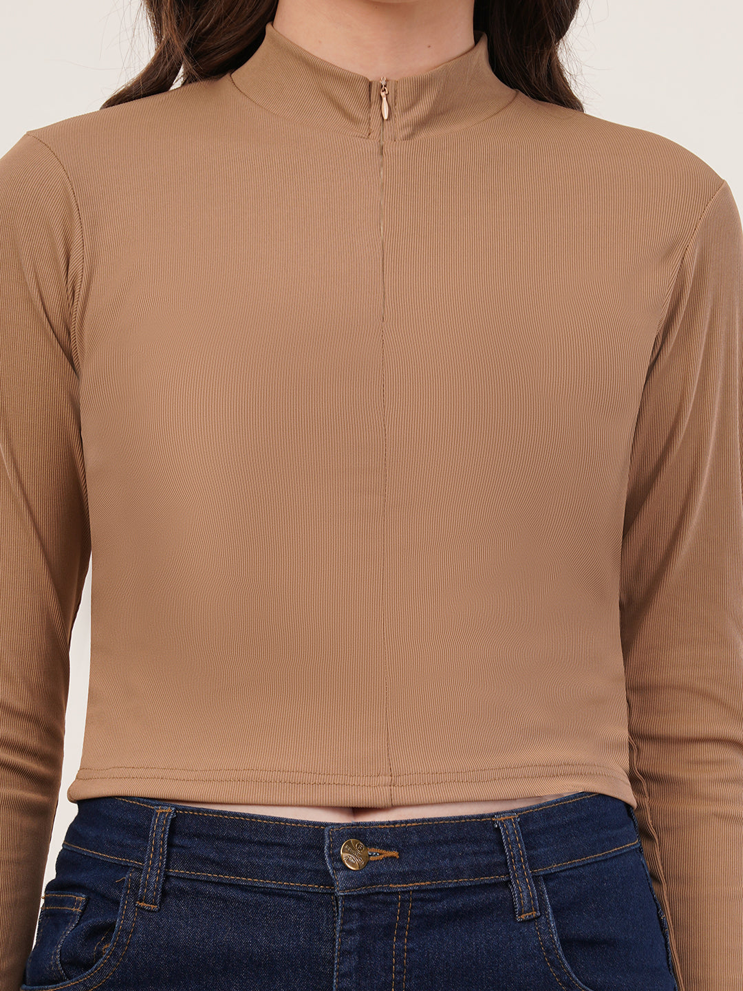 Clobug Women Solid High Neck Regular Cotton Blend Top