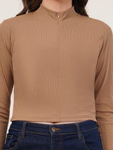 Clobug Women Solid High Neck Regular Cotton Blend Top