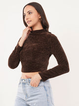 Clobug Women Solid High Neck Full Sleeve Velvet Top