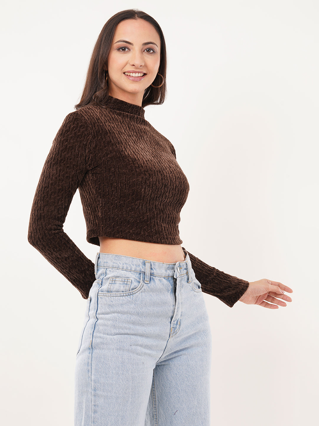 Clobug Women Solid High Neck Full Sleeve Velvet Top