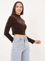 Clobug Women Solid High Neck Full Sleeve Velvet Top