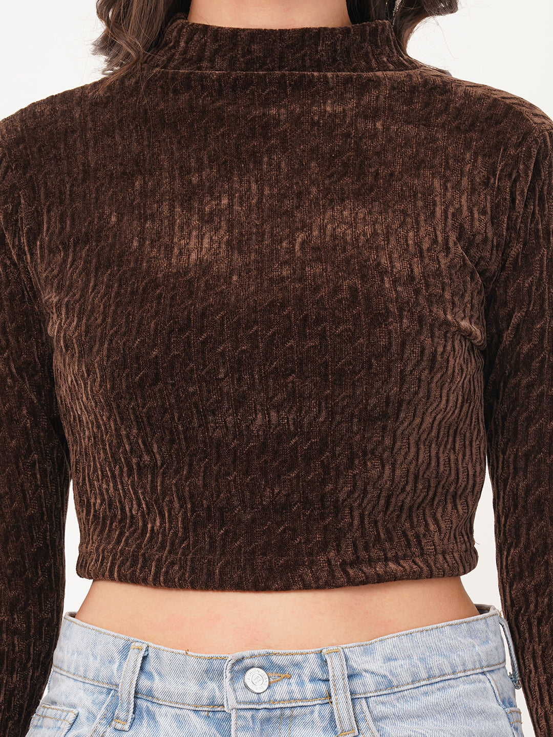 Clobug Women Solid High Neck Full Sleeve Velvet Top