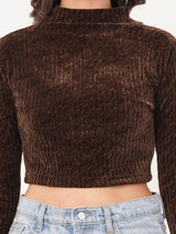 Clobug Women Solid High Neck Full Sleeve Velvet Top