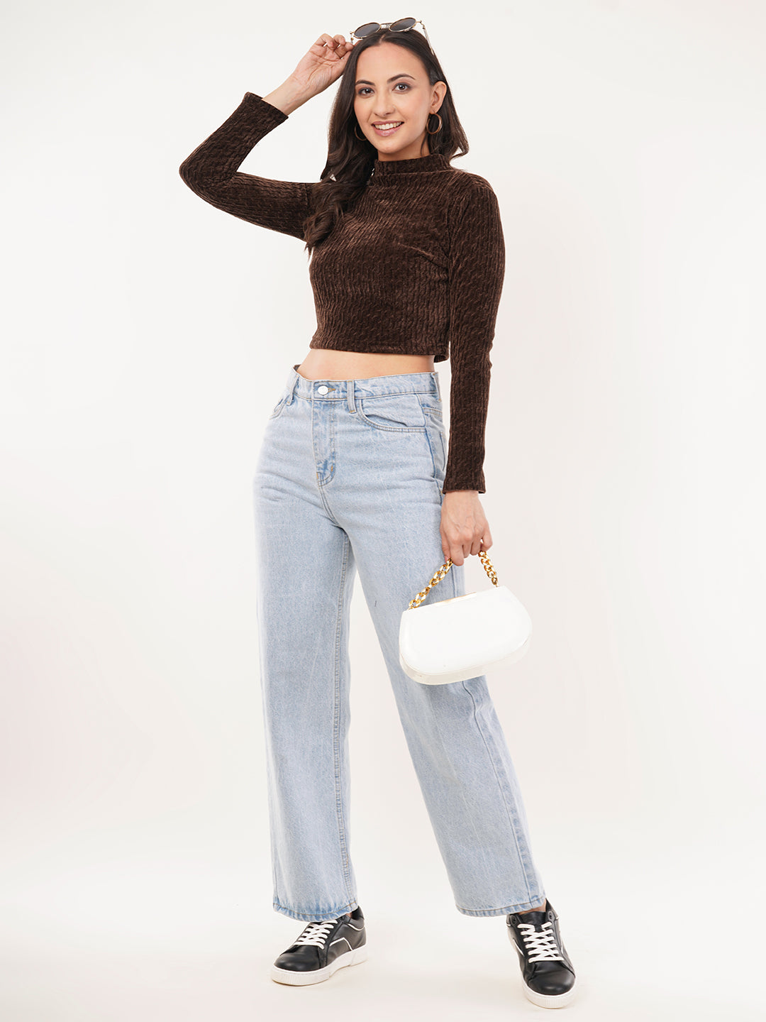 Clobug Women Solid High Neck Full Sleeve Velvet Top