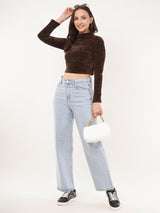 Clobug Women Solid High Neck Full Sleeve Velvet Top