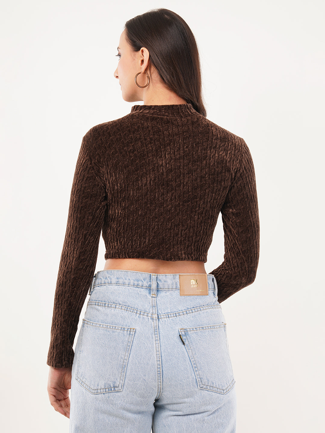 Clobug Women Solid High Neck Full Sleeve Velvet Top