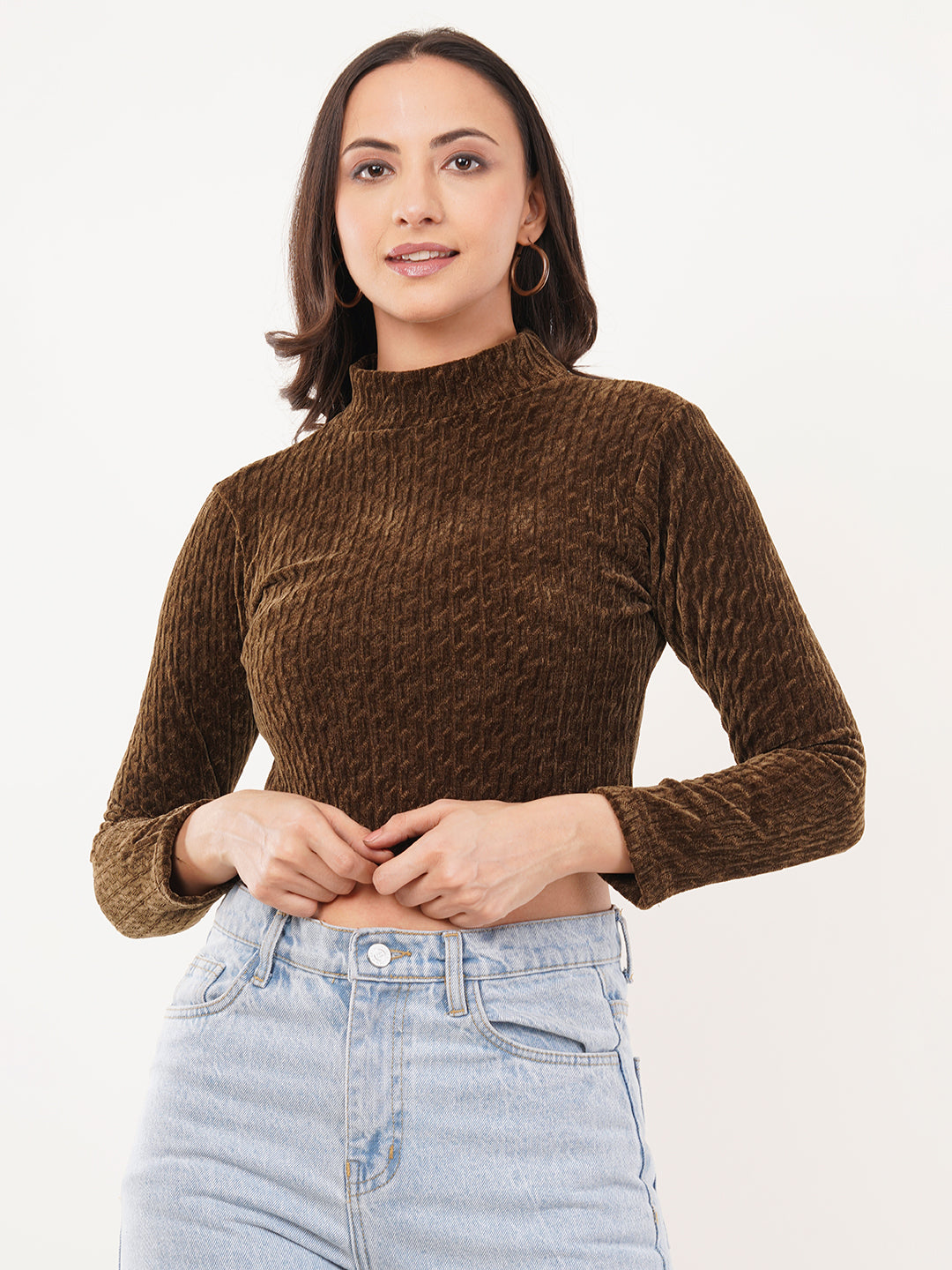 Clobug Women Solid High Neck Full Sleeve Velvet Top