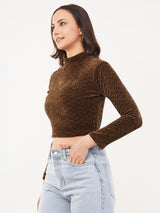 Clobug Women Solid High Neck Full Sleeve Velvet Top