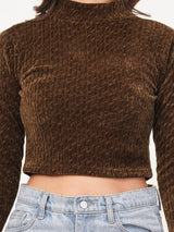 Clobug Women Solid High Neck Full Sleeve Velvet Top