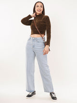 Clobug Women Solid High Neck Full Sleeve Velvet Top