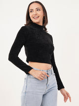 Clobug Women Solid High Neck Full Sleeve Velvet Top