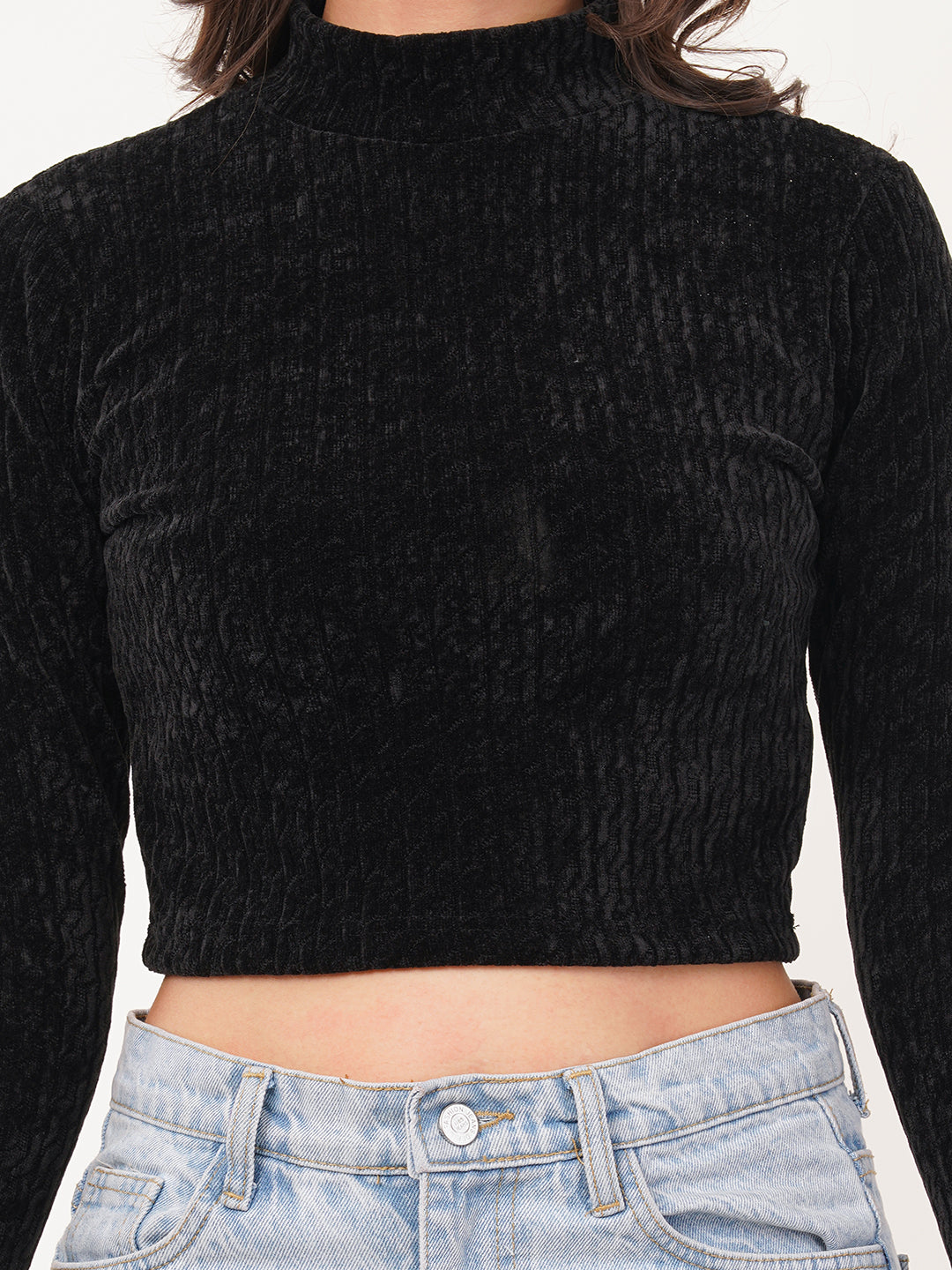 Clobug Women Solid High Neck Full Sleeve Velvet Top