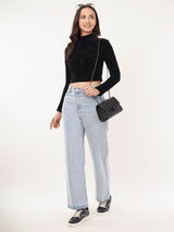 Clobug Women Solid High Neck Full Sleeve Velvet Top