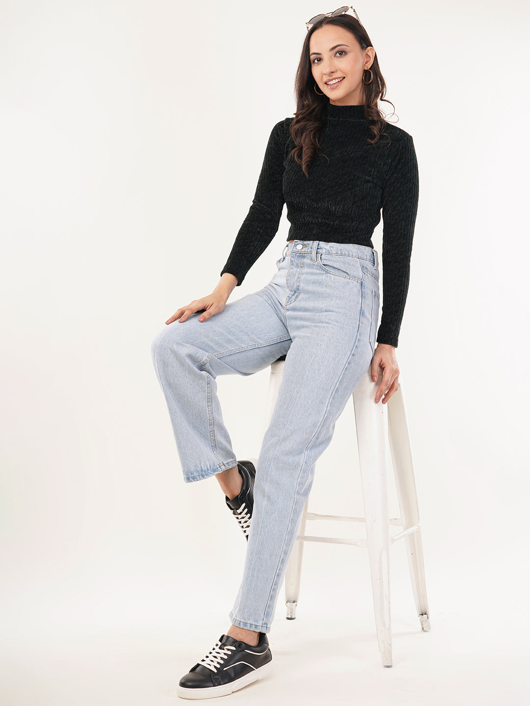 Clobug Women Solid High Neck Full Sleeve Velvet Top