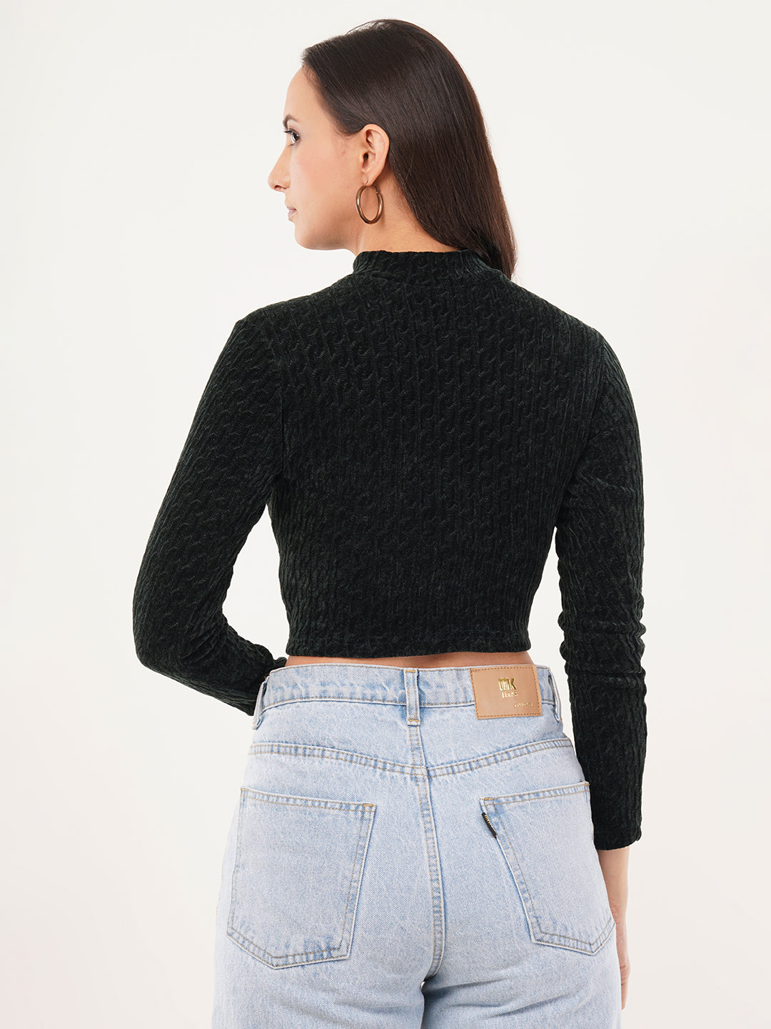 Clobug Women Solid High Neck Full Sleeve Velvet Top