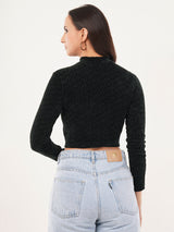 Clobug Women Solid High Neck Full Sleeve Velvet Top