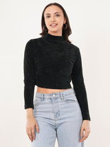 Clobug Women Solid High Neck Full Sleeve Velvet Top