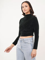 Clobug Women Solid High Neck Full Sleeve Velvet Top