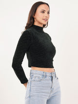 Clobug Women Solid High Neck Full Sleeve Velvet Top