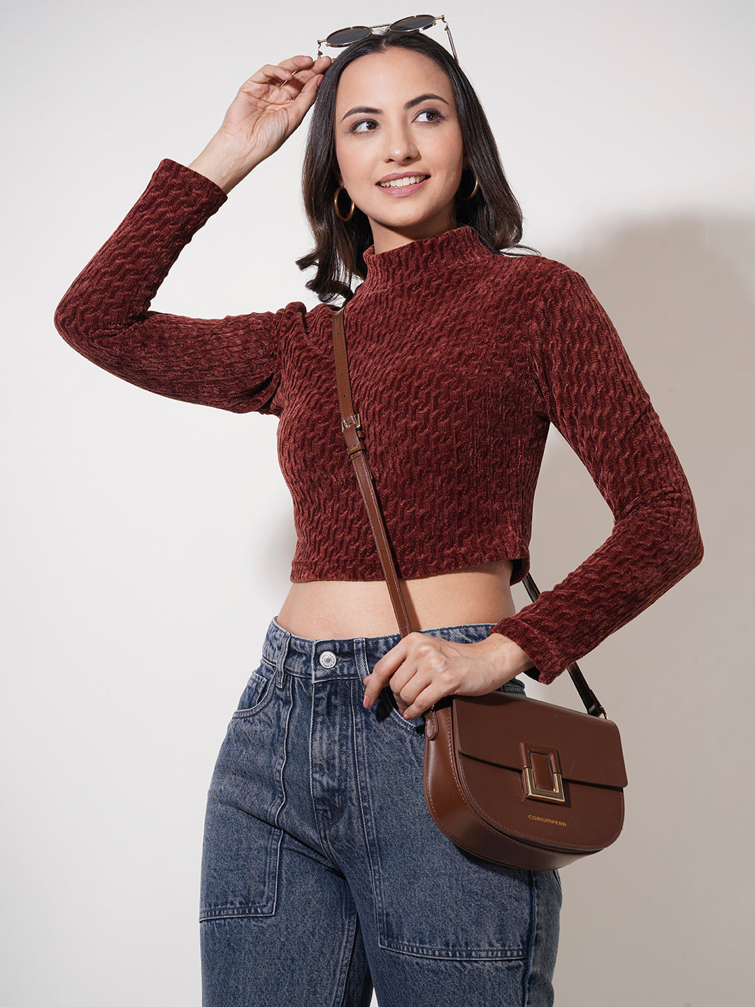 Clobug Women Solid High Neck Full Sleeve Velvet Top