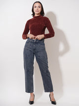 Clobug Women Solid High Neck Full Sleeve Velvet Top