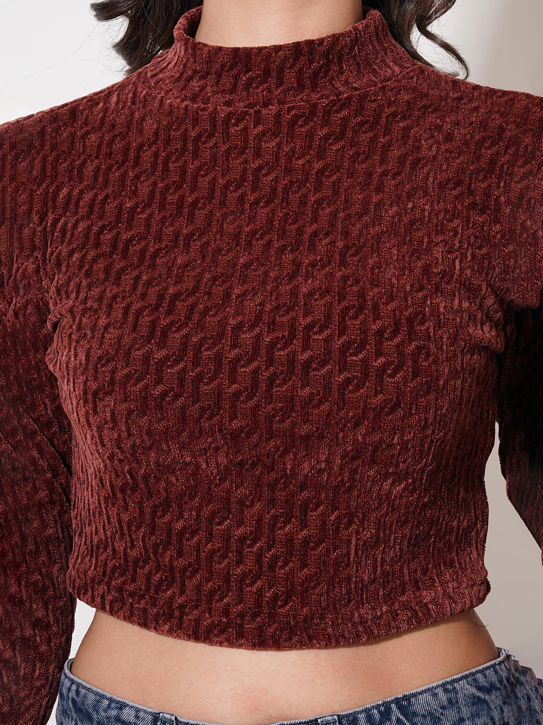 Clobug Women Solid High Neck Full Sleeve Velvet Top