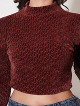 Clobug Women Solid High Neck Full Sleeve Velvet Top