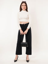 Clobug Women Solid High Neck Full Sleeve Velvet Top