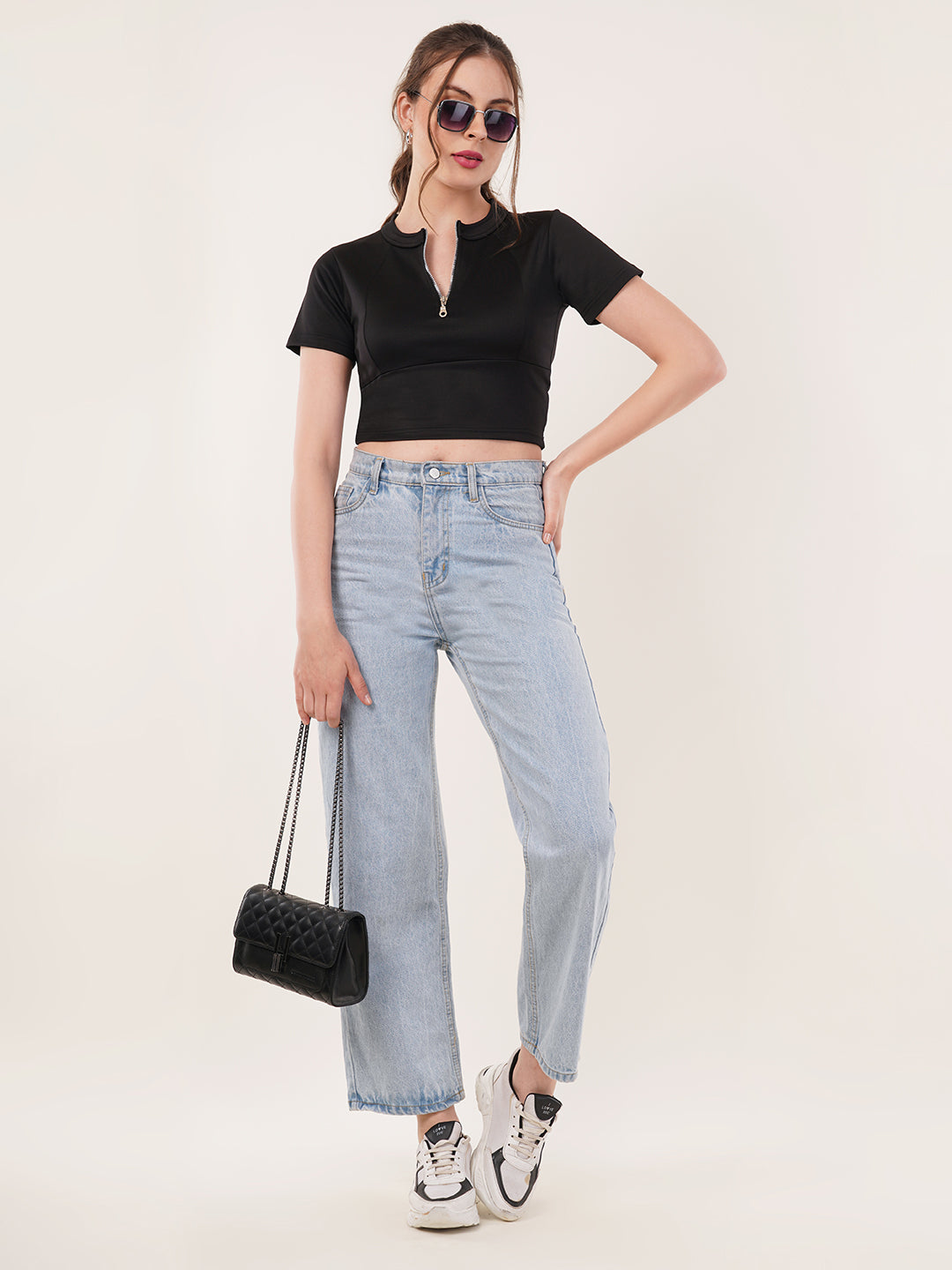 Clobug Women Solid High Neck Short Sleeve Crop Top