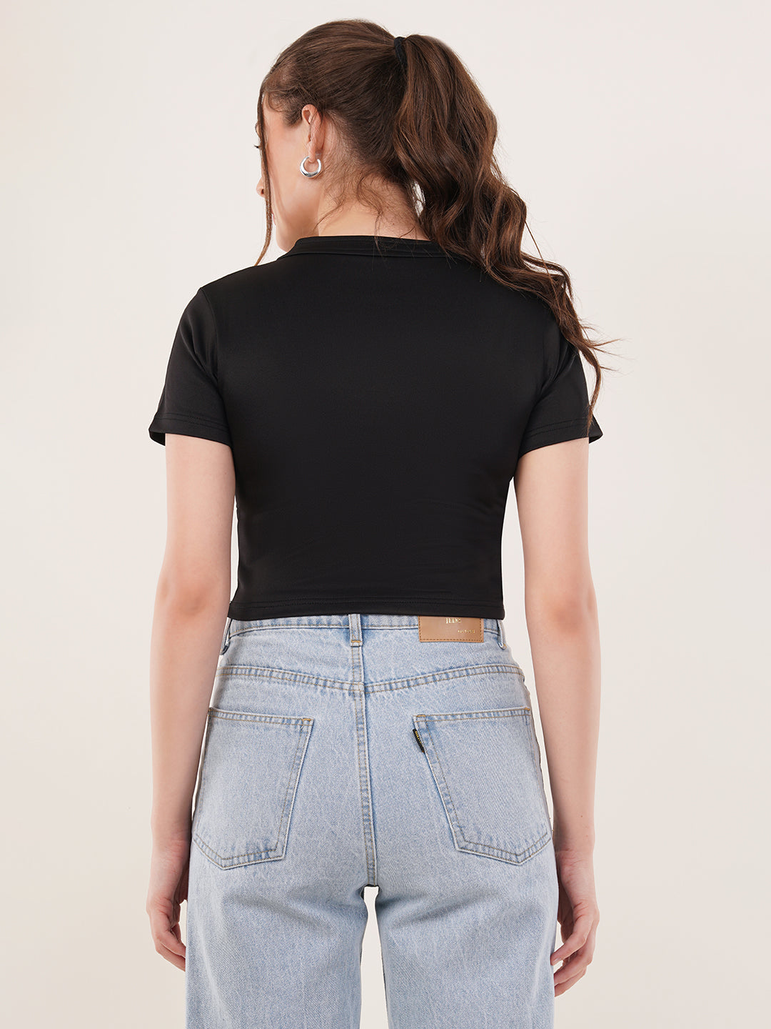 Clobug Women Solid High Neck Short Sleeve Crop Top