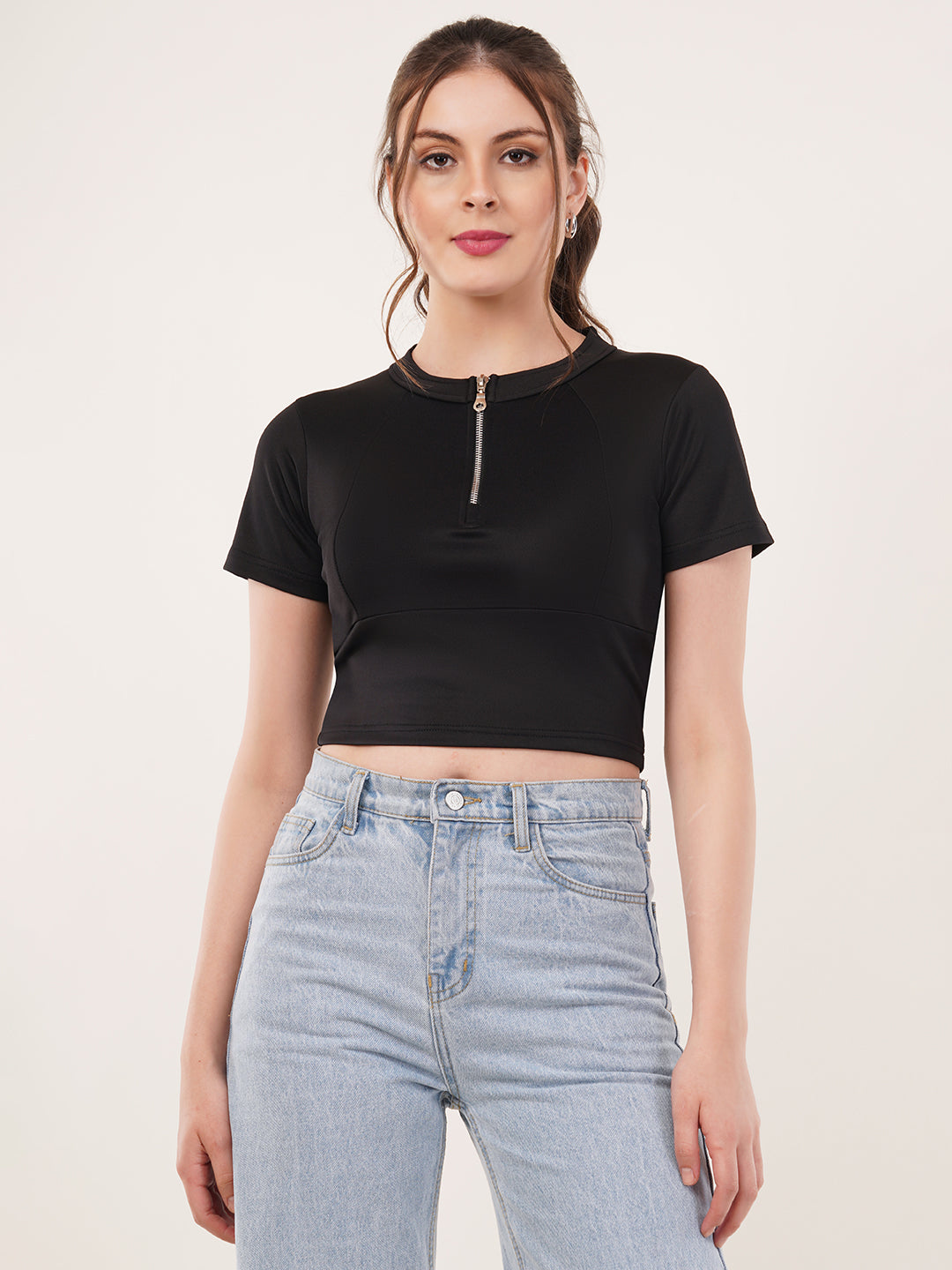 Clobug Women Solid High Neck Short Sleeve Crop Top