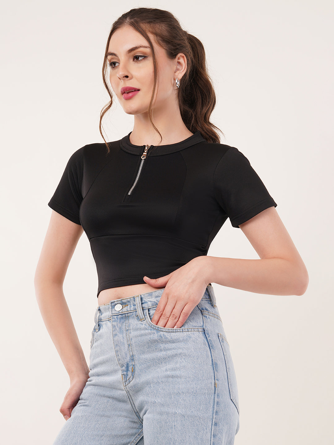 Clobug Women Solid High Neck Short Sleeve Crop Top
