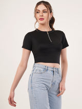 Clobug Women Solid High Neck Short Sleeve Crop Top