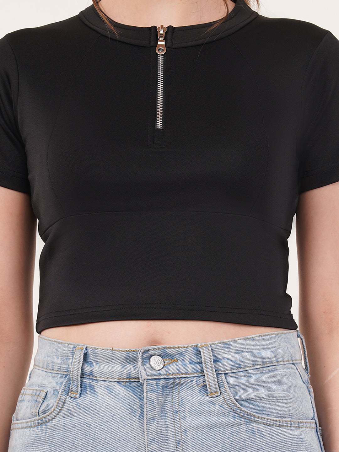 Clobug Women Solid High Neck Short Sleeve Crop Top