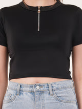 Clobug Women Solid High Neck Short Sleeve Crop Top