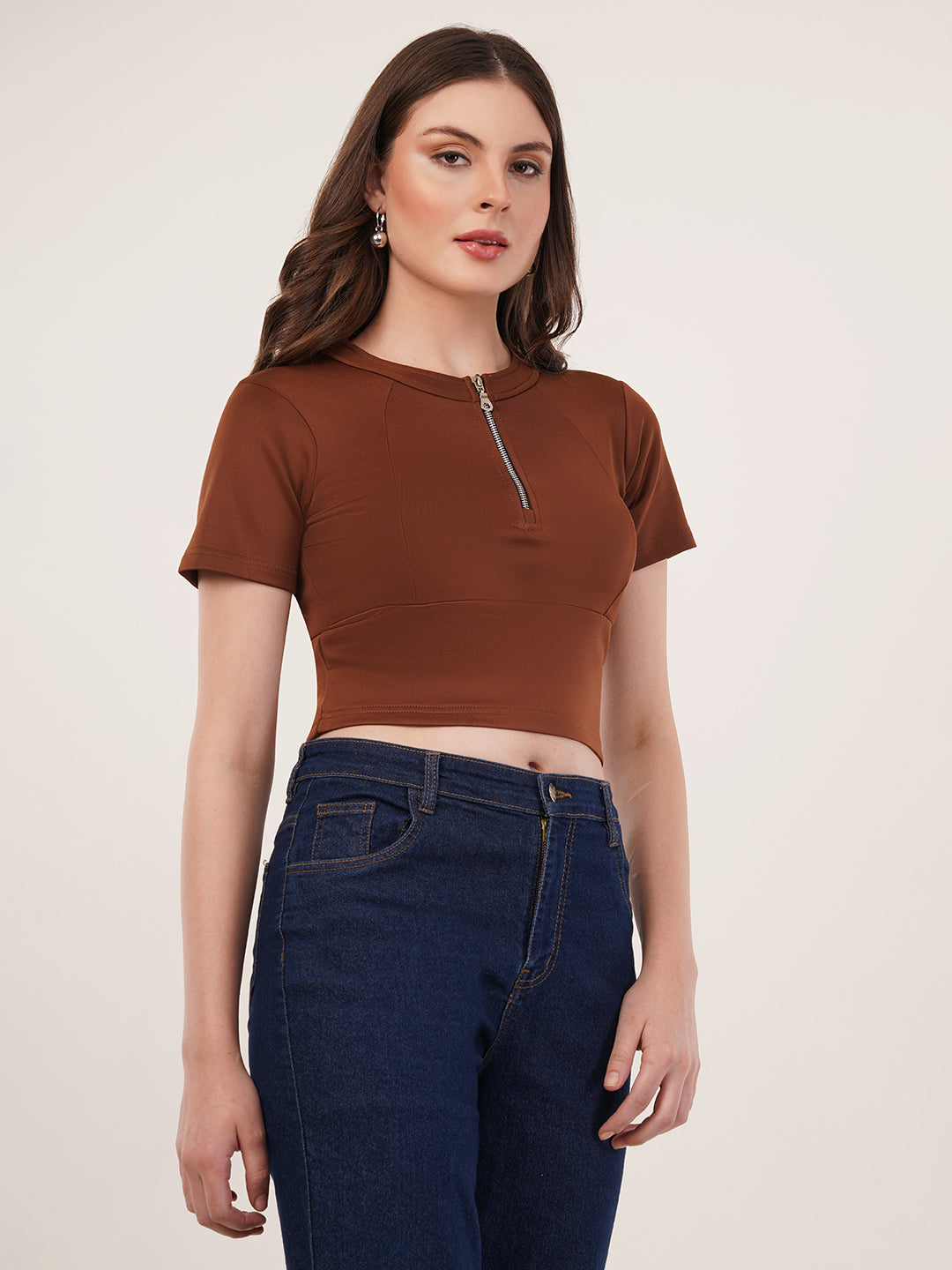 Clobug Women Solid High Neck Short Sleeve Crop Top